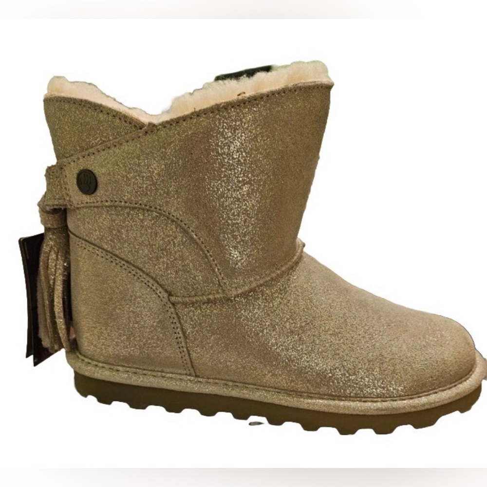 BearPaw “Natalia” Suede Boots, Sheepskin Lining, Glittery Gold/Tan Size 7 NWT